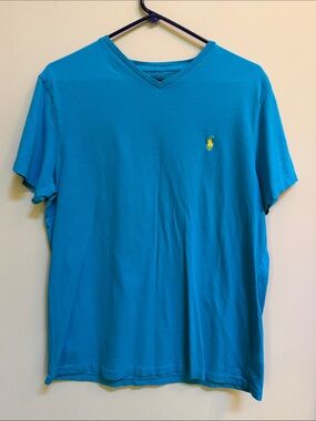 Polo by Ralph Lauren Men's V-Neck Polo Shirt in Teal with Yellow Logo